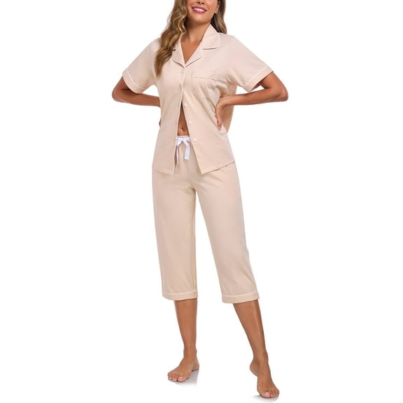 ANLIQI Women's Pajama Sets 100% Cotton Summer Short Sleeve Capri Pajamas for Women Set Button Down Pjs Soft Sleepwear(Khaki,M)