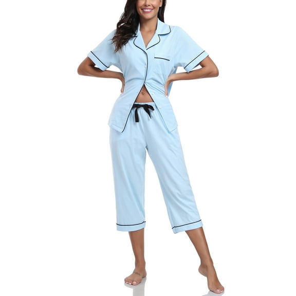 ANLIQI Women's Pajama Sets 100% Cotton Summer Short Sleeve Capri Pajamas for Women Set Button Down Pjs Soft Sleepwear(Light Blue,M)