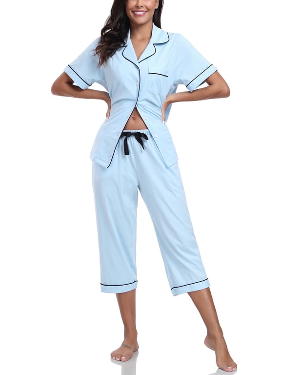 Women's Pajama Sets 100% Cotton Summer Short Sleeve Capri Pajamas for Women Set Button Down Pjs Soft Sleepwear(Light Blue,M)