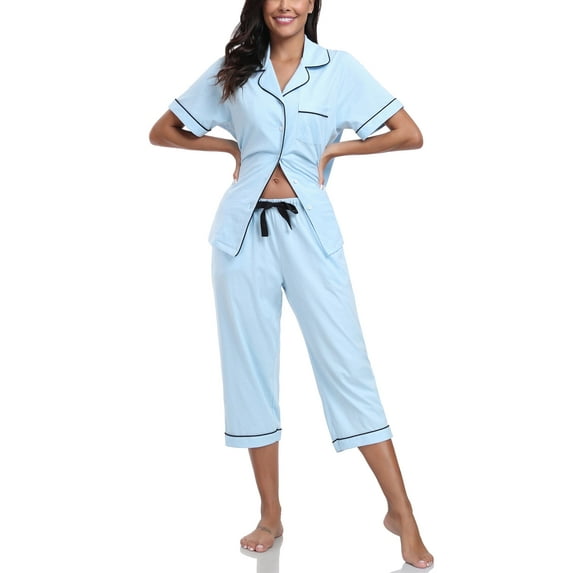 ANLIQI Women's Pajama Sets 100% Cotton Summer Short Sleeve Capri Pajamas for Women Set Button Down Pjs Soft Sleepwear(Light Blue,XL)