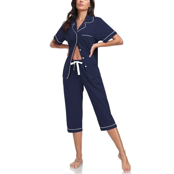 ANLIQI Women's Pajama Sets 100% Cotton Summer Short Sleeve Capri Pajamas for Women Set Button Down Pjs Soft Sleepwear(Navy Blue,2XL)
