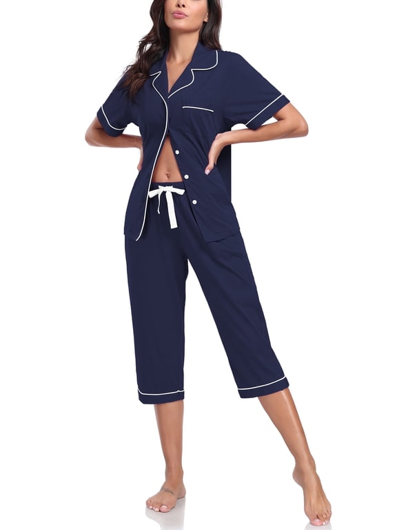 Women's Pajama Sets 100% Cotton Summer Short Sleeve Capri Pajamas for Women Set Button Down Pjs Soft Sleepwear(Navy Blue,XL)