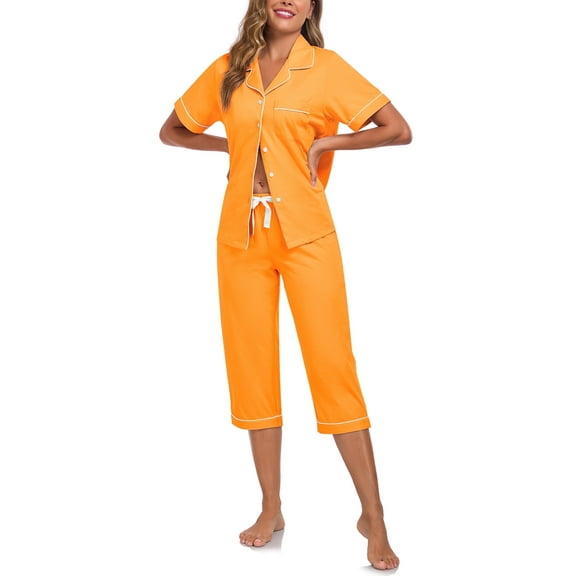 ANLIQI Women's Pajama Sets 100% Cotton Summer Short Sleeve Capri Pajamas for Women Set Button Down Pjs Soft Sleepwear(Orange,2XL)