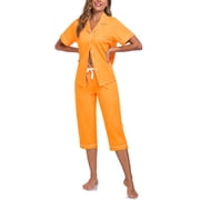 ANLIQI Women's Pajama Sets 100% Cotton Summer Short Sleeve Capri Pajamas for Women Set Button Down Pjs Soft Sleepwear(Orange,M)