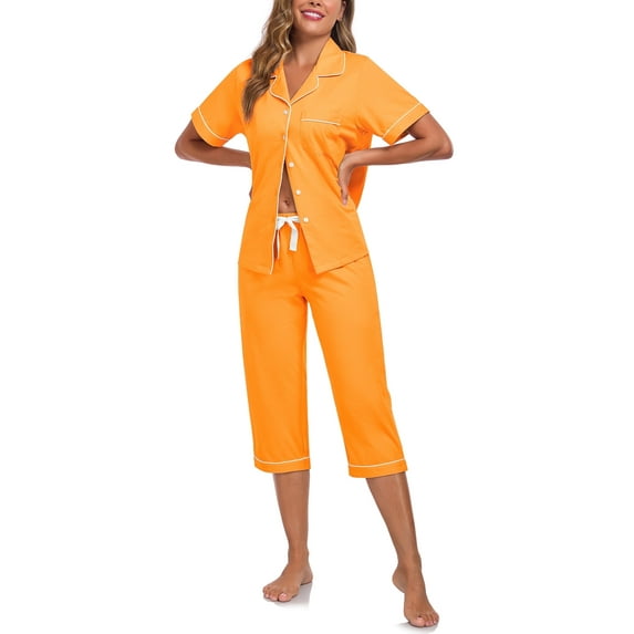 ANLIQI Women's Pajama Sets 100% Cotton Summer Short Sleeve Capri Pajamas for Women Set Button Down Pjs Soft Sleepwear(Orange,S)