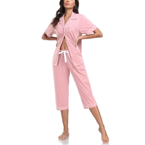ANLIQI Women's Pajama Sets 100% Cotton Summer Short Sleeve Capri Pajamas for Women Set Button Down Pjs Soft Sleepwear(Pink,L)