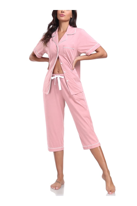 Women's Pajama Sets 100% Cotton Summer Short Sleeve Capri Pajamas for Women Set Button Down Pjs Soft Sleepwear(Pink,XL)
