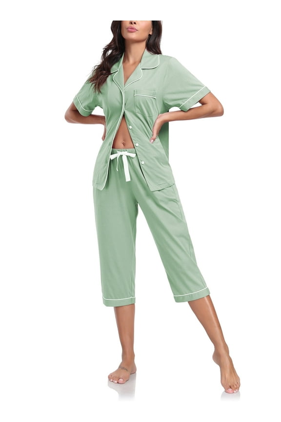 Women's Pajama Sets 100% Cotton Summer Short Sleeve Capri Pajamas for Women Set Button Down Pjs Soft Sleepwear(Sage Green,2XL)