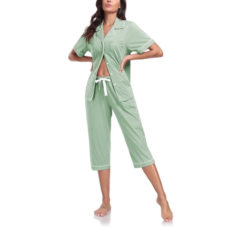 ANLIQI Women's Pajama Sets 100% Cotton Summer Short Sleeve Capri Pajamas for Women Set Button Down Pjs Soft Sleepwear(Sage Green,M)