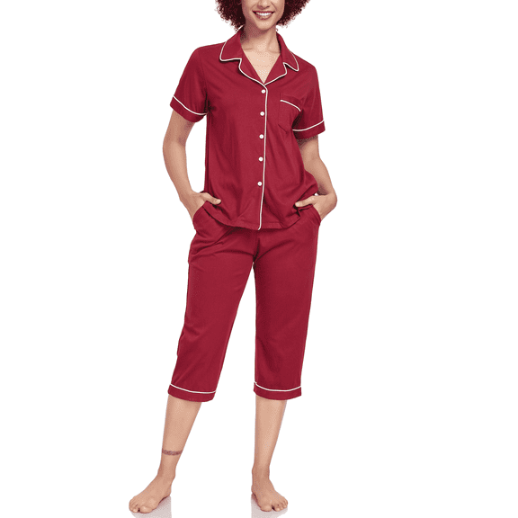 ANLIQI Women's Pajama Sets 100% Cotton Summer Short Sleeve Capri Pajamas for Women Set Button Down Pjs Soft Sleepwear(Wine Red,M)