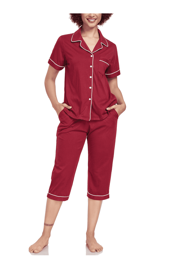Women's Pajama Sets 100% Cotton Summer Short Sleeve Capri Pajamas for Women Set Button Down Pjs Soft Sleepwear(Wine Red,M)