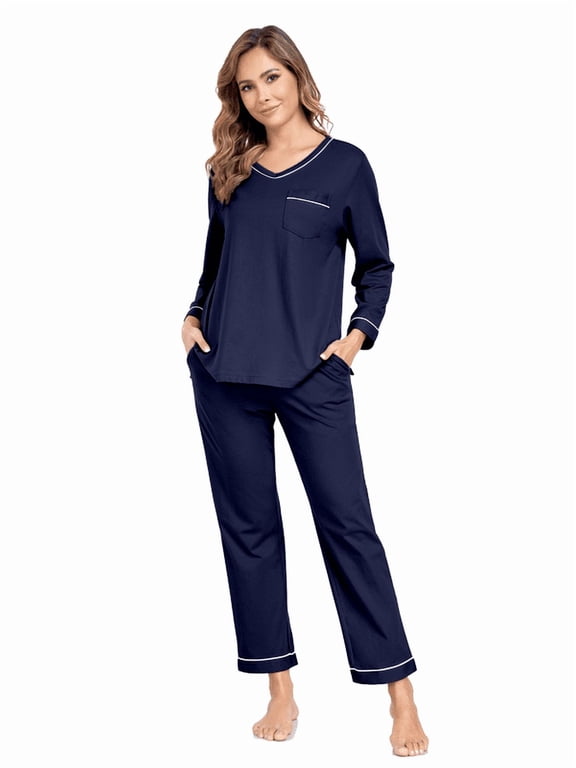 Women's Pajama Sets 100% cotton Long Sleeve Shirt and Pants Sleepwear Nightwear Soft Pjs Lounge Sets(Navy Blue, Medium)