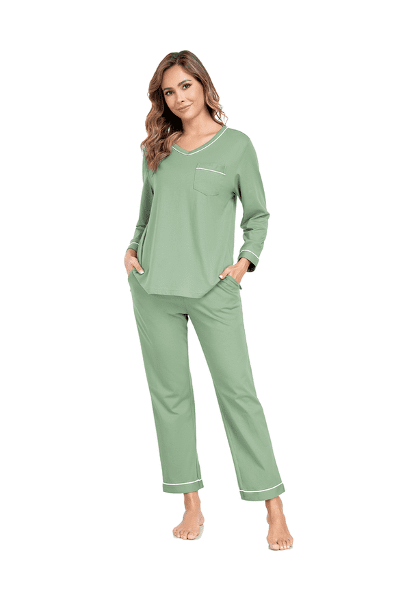 Women's Pajama Sets 100% cotton Long Sleeve Shirt and Pants Sleepwear Nightwear Soft Pjs Lounge Sets(Sage Green, Small)