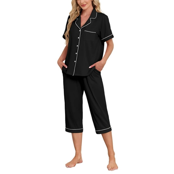ANLIQI Women's Pajama Sets Modal Short Sleeve Button Down Sleepwear Summer Capri Soft Pajamas Set (Black, Large)
