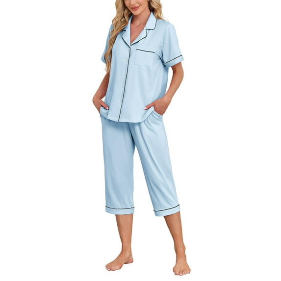 ANLIQI Women's Pajama Sets Modal Short Sleeve Button Down Sleepwear Summer Capri Soft Pajamas Set (Pink, Small)