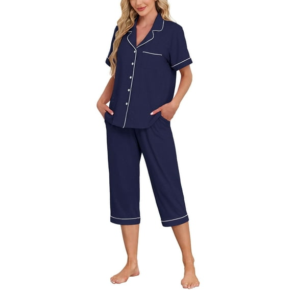 ANLIQI Women's Pajama Sets Modal Short Sleeve Button Down Sleepwear Summer Capri Soft Pajamas Set (Navy Blue, Large)