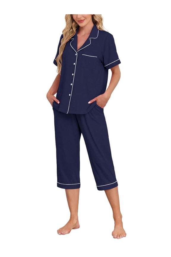 Women's Pajama Sets Modal Short Sleeve Button Down Sleepwear Summer Capri Soft Pajamas Set (Navy Blue, Large)