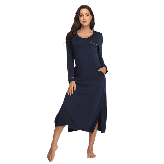 ANLIQI Women's Sleepwear Soft Comfy Long-Sleeve Nightgown Full Length Nightshirts Pajamas Loungewear with Pockets(Navy Blue,S)