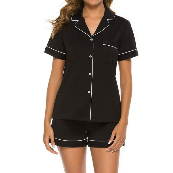 ANLIQI Womens 100% Cotton Pajamas Short Set Soft Short Sleeve Sleepwear Button Down Summer Pjs Set with Pockets(Black, X-Large)