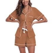 ANLIQI Womens 100% Cotton Pajamas Short Set Soft Short Sleeve Sleepwear Button Down Summer Pjs Set with Pockets(Brown, X-Large)