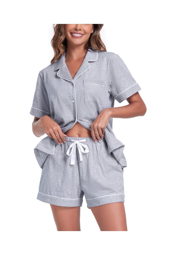 Womens 100% Cotton Pajamas Short Set Soft Short Sleeve Sleepwear Button Down Summer Pjs Set with Pockets(Grey, Small)