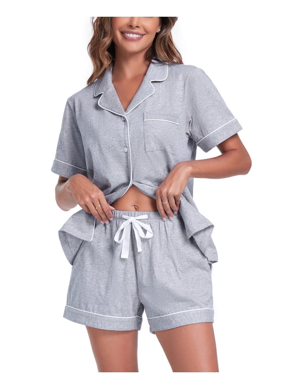Womens 100% Cotton Pajamas Short Set Soft Short Sleeve Sleepwear Button Down Summer Pjs Set with Pockets(Grey, X-Large)