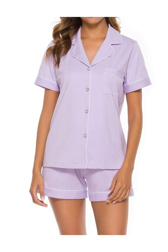 Womens 100% Cotton Pajamas Short Set Soft Short Sleeve Sleepwear Button Down Summer Pjs Set with Pockets(Light Purple, Small)