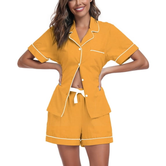 ANLIQI Womens 100% Cotton Pajamas Short Set Soft Short Sleeve Sleepwear Button Down Summer Pjs Set with Pockets(Marigold, Large)