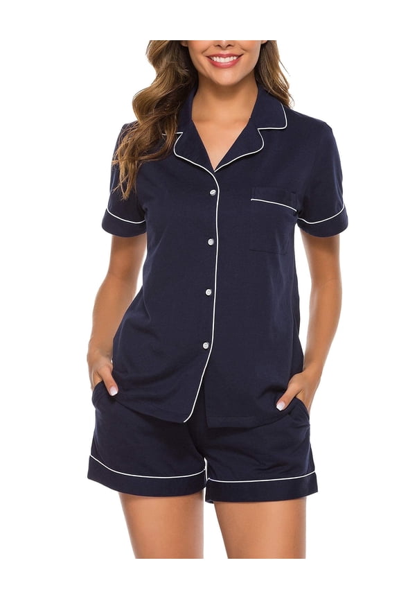 Womens 100% Cotton Pajamas Short Set Soft Short Sleeve Sleepwear Button Down Summer Pjs Set with Pockets(Navy Blue, Large)