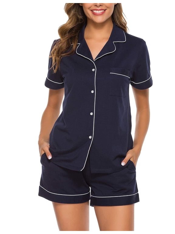 Womens 100% Cotton Pajamas Short Set Soft Short Sleeve Sleepwear Button Down Summer Pjs Set with Pockets(Navy Blue, X-Large)