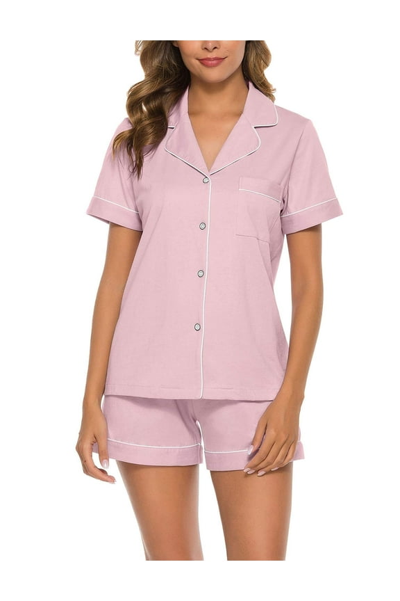 Womens 100% Cotton Pajamas Short Set Soft Short Sleeve Sleepwear Button Down Summer Pjs Set with Pockets(Pink, Medium)