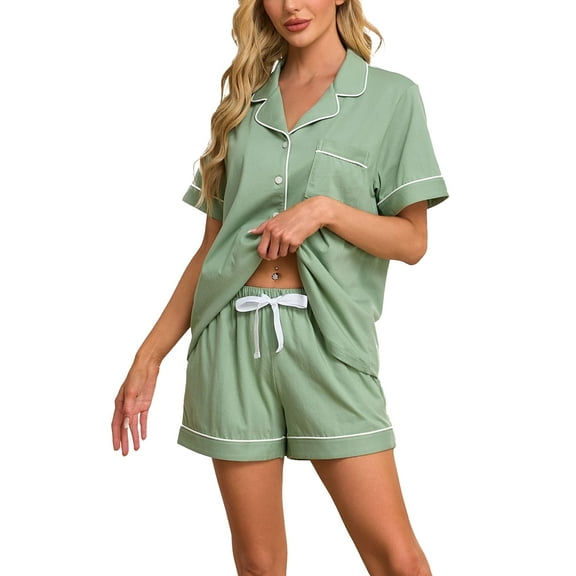 ANLIQI Womens 100% Cotton Pajamas Short Set Soft Short Sleeve Sleepwear Button Down Summer Pjs Set with Pockets(Sage Green, Large)