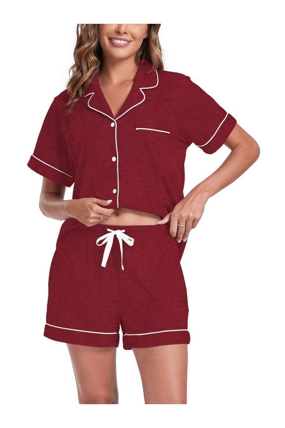 Womens 100% Cotton Pajamas Short Set Soft Short Sleeve Sleepwear Button Down Summer Pjs Set with Pockets(Wine Red, Large)
