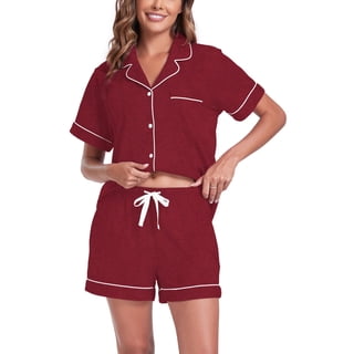 ANLIQI Womens 100% Cotton Pajamas Short Set Soft Short Sleeve Sleepwear Button Down Summer Pjs Set with Pockets(Wine Red, X-Large)