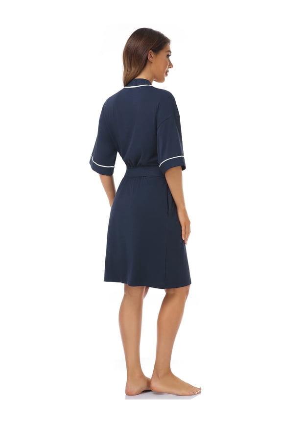 Womens Bamboo Rayon Short Robes Lightweight Kimono Cotton Robe Soft Knit Bathrobe Ladies Loungewear with Pockets(Navy Blue,L)