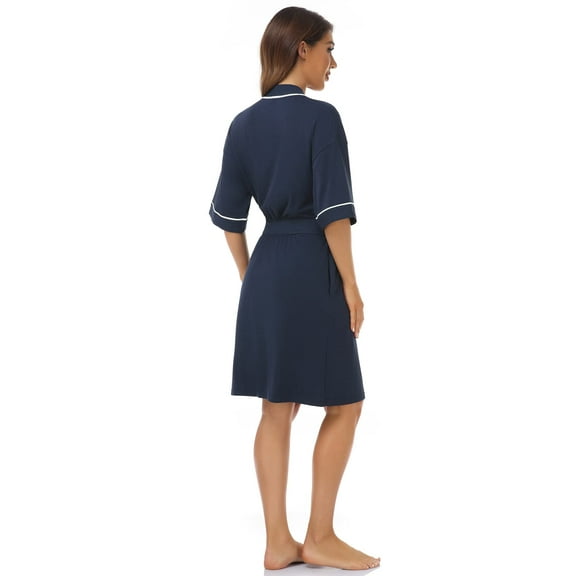 ANLIQI Womens Bamboo Rayon Short Robes Lightweight Kimono Cotton Robe Soft Knit Bathrobe Ladies Loungewear with Pockets(Navy Blue,M)