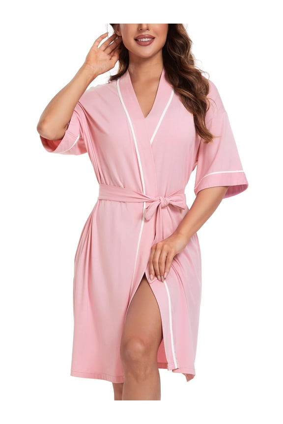 Womens Bamboo Rayon Short Robes Lightweight Kimono Cotton Robe Soft Knit Bathrobe Ladies Loungewear with Pockets(Pink,S)