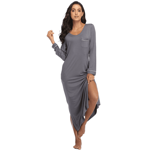 ANLIQI Womens Nightgown Long Sleeve Full Length Nightshirt Soft Comfy Loungewear Wide V Neck Slit Hem Night Dress(Gray,XL)