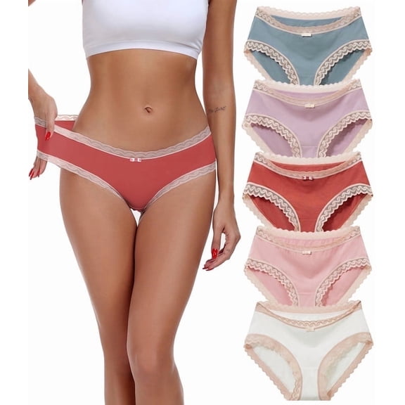 ANLIQI Womens Underwear Lace Trim Hipster Panties 5 Pack Bamboo Viscose Cotton Bikini Briefs Ultra Soft Comfy Ladies Undies with Bow(5C,M)