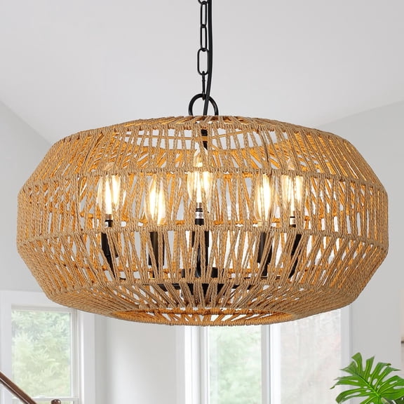 ANLOMEST Farmhouse Rattan Pendant Light Height Adjustable, Sloped Ceiling Compatible, Woven Natural Rattan Shade, Boho Hanging Light for Living Room, Kitchen & Bedroom.