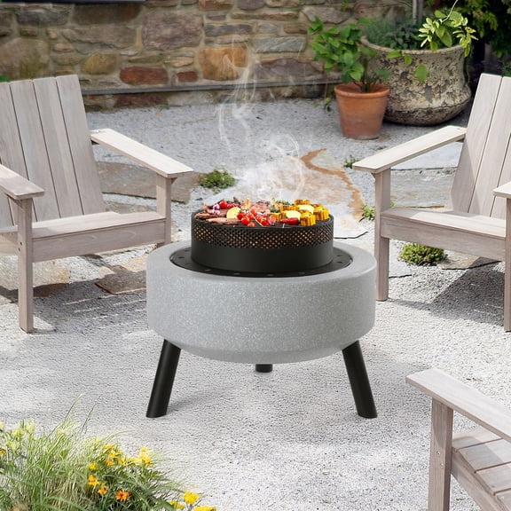 ANMINY 25“ Round Concrete Fire Pit Concrete Burning Firepit Tripod Charcoal Grill Backyard Barbecue with Spark Screen Firebowl Poker Stainless Steel Rack
