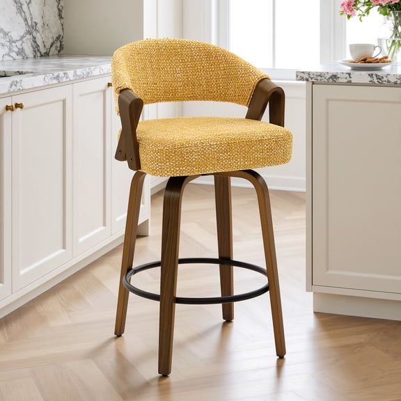 ANMINY 26.8" Modern Swivel Bar Stools Set of 1, Counter Height Stools with Curved Back Bentwood Legs and V-Shaped Armrest Chenille Upholstered Barstools for Kitchen Island Yellow