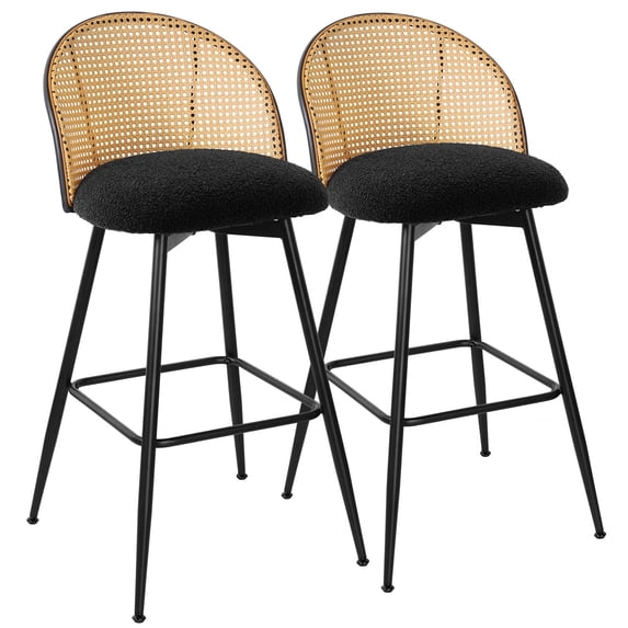 ANMINY Swivel Rattan Bar Stools, 29" Counter Height Set of 2, Upholstered Chairs Barstools with Full Back and Metal Legs Modern Boucle Fabric Seat for Kitchen Island