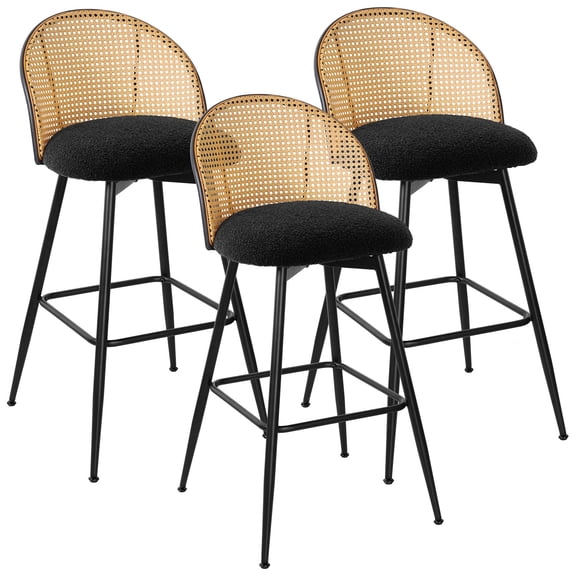 ANMINY Swivel Rattan Bar Stools, 29" Counter Height Set of 3, Upholstered Chairs Barstools with Full Back and Metal Legs Modern Boucle Fabric Seat for Kitchen Island