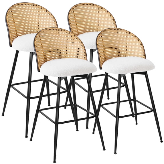 ANMINY Swivel Rattan Bar Stools, 29" Counter Height Set of 4, Upholstered Chairs Barstools with Full Back and Metal Legs Modern Boucle Fabric Seat for Kitchen Island