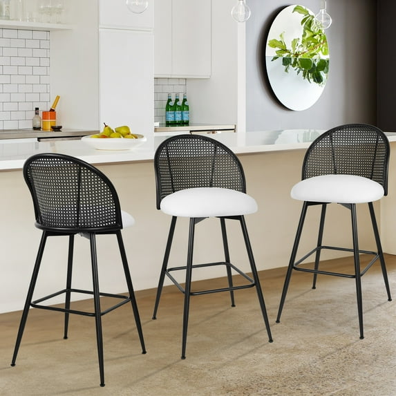 ANMINY Swivel Rattan Bar Stools, 29" Counter Height Set of 4, Upholstered Chairs Barstools with Full Back and Metal Legs Modern PU Fabric Seat for Kitchen Island