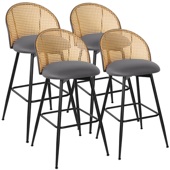 ANMINY Swivel Rattan Bar Stools, 29" Counter Height Set of 4, Upholstered Chairs Barstools with Full Back and Metal Legs Modern PU Fabric Seat for Kitchen Island