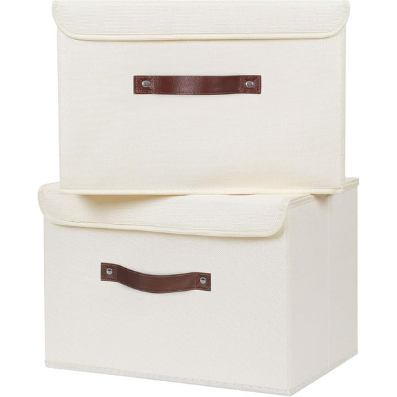 ANMINY 2PCS Storage Bins with Lid PU Leather Handles Storage Boxes PP Plastic Board Decorative Foldable Lidded Cotton Linen Fabric Home Cubes Baskets Closet Organizer Containers - Beige, Large Size