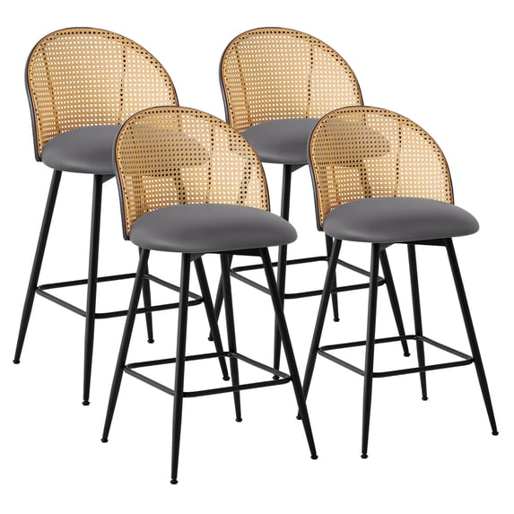 ANMINY Rattan Swivel Bar Stools, 26" Counter Height Set of 4, Upholstered Chairs Barstools with Full Back and Metal Legs Modern PU Fabric Seat for Kitchen Island