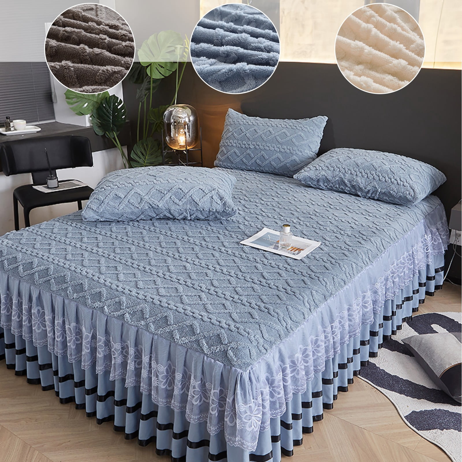 ANMINY 3Pcs Taffeta Velvet Ruffle Skirt Bedspread Set, 15-Inch Drop ...